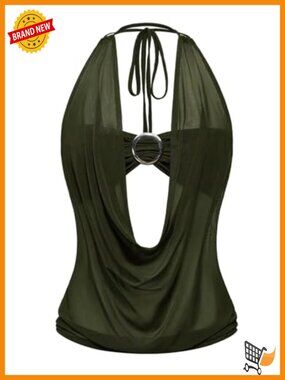 Sheer Mesh Halter Top Deep Plunge Open Back Cut Out Rave Club Party Top